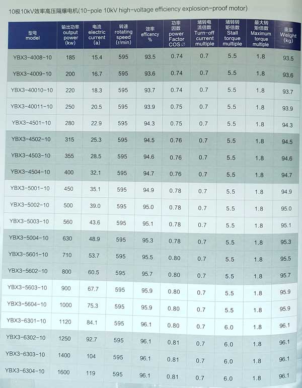 10kv高壓防爆電機(jī)參數(shù)表